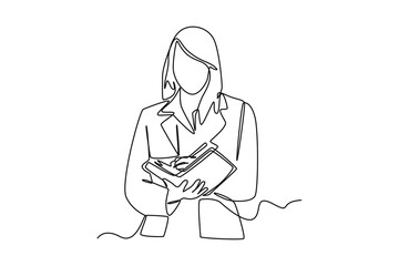 Continuous one line drawing Busy woman check events on paper. Event planner concept. Single line draw design vector graphic illustration.