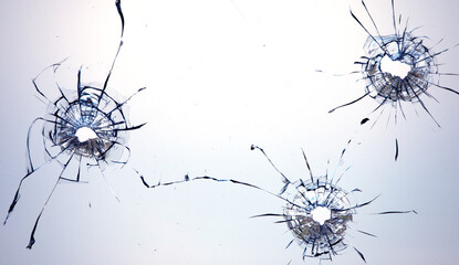 Collage of cracks in the glass, a hole from bullets in the glass on a black background