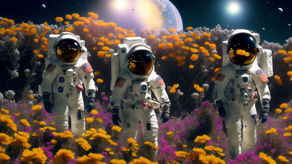 Astronauts walking in a field of flowers with planets in the background. with Generative AI