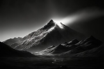 Beautiful Moody Black and White Image of Misty Shrouded Mountain Peak, Mountaintop Light, Generative AI