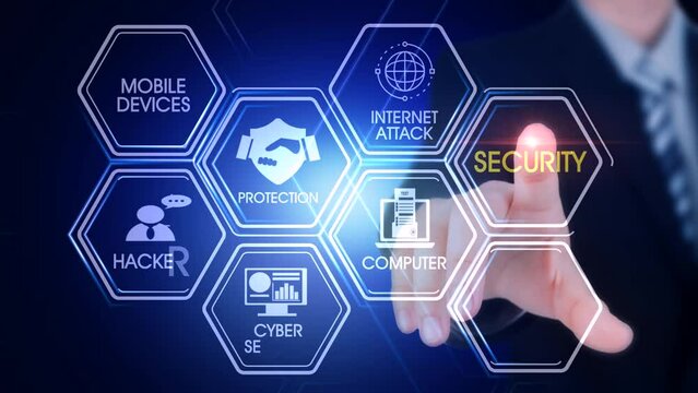 Security Hexagonal Touch Screen Concept Hexagonal virtual Touch Screen Concept with man touching screen with finger and light streak