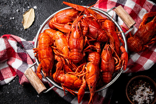 Boiled crayfish in a colander on a napkin. 