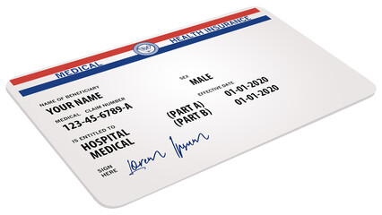 Here is a mock generic government medicare medical insurance card isolated on a white background and is a 3-D image.