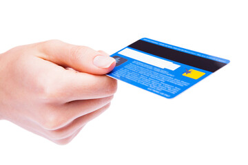 woman holding credit card isolated on white background