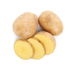 Whole and cut fresh potatoes on white background, top view