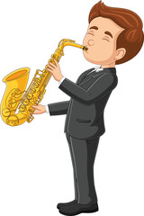 Fototapeta premium Cartoon little boy playing a saxophone