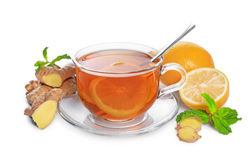 Glass cup with delicious ginger tea, lemon and mint on white background