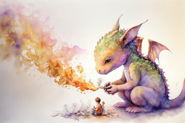 Baby dragon playing with fire watercolor, Generative AI