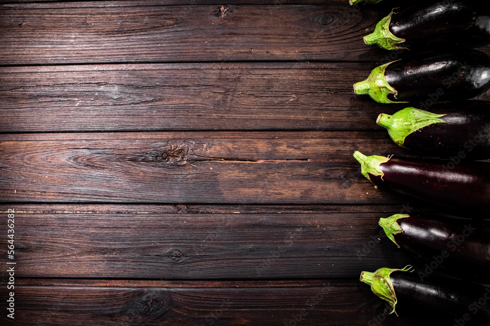 Sticker Fresh eggplants are in a row on the table. 