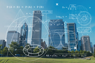 Fototapeta na wymiar Chicago skyline from Butler Field towards financial district skyscrapers, day time, Chicago, Illinois, USA. Parks and gardens. Education concept. Academic research, top ranking universities, hologram