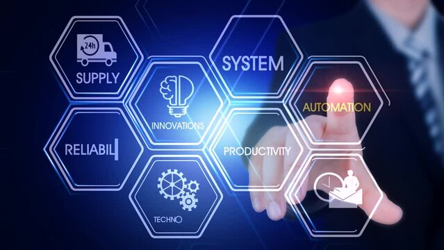 Automation Hexagonal Touch Screen Concept Hexagonal virtual Touch Screen Concept with man touching screen with finger and light streak