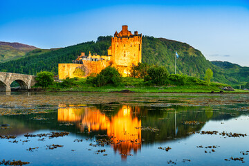 Eilean Donan Castle at dusk in Scotland