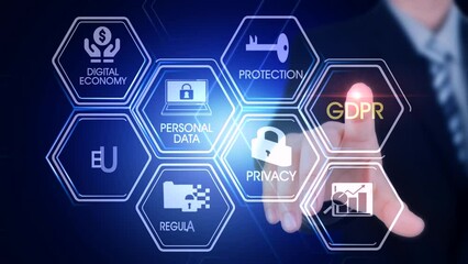Gdpr Hexagonal Touch Screen Concept Hexagonal virtual Touch Screen Concept with man touching screen with finger and light streak - Powered by Adobe