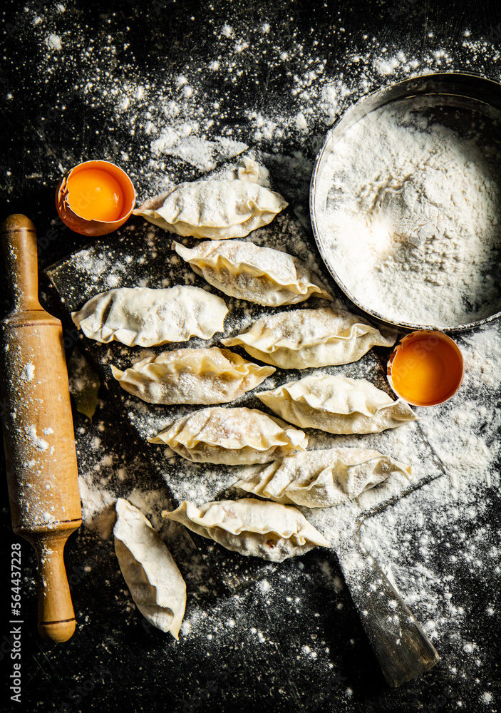 Poster raw dumplings gyoza on a cutting board with eggs and flour.