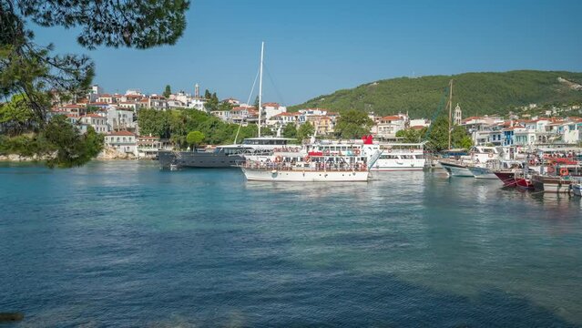 Boats leaving the Old Port, Skiathos Town, Skiathos Island, Sporades Islands, Greek Islands