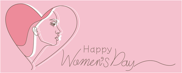 International women's day illustration. Beautiful woman face, Heart symbol and women's day lettering illustration for 8th March. Vector illustration.