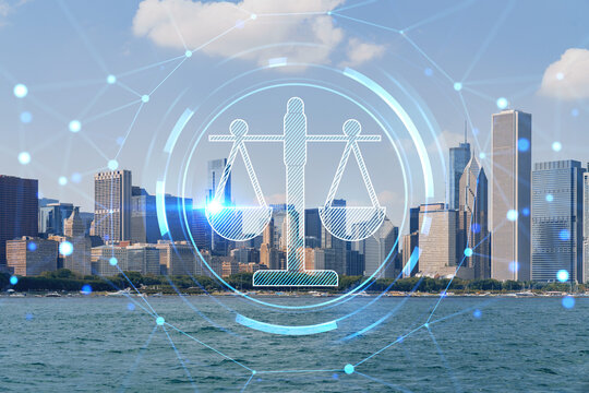 City view, downtown skyscrapers, Chicago skyline panorama, Lake Michigan, harbor area, day time, Illinois, USA. Glowing hologram legal icons. The concept of law, order, regulations and digital justice