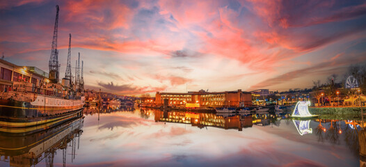 Bristol's floating harbour at sunset in Bristol England