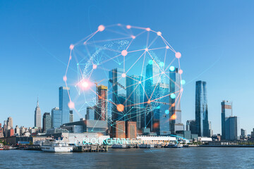 New York City skyline from New Jersey over the Hudson River towards the Hudson Yards at day. Manhattan, Midtown. Decentralized economy. Blockchain, cryptography and cryptocurrency concept, hologram