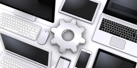 コンピュータデバイスと歯車アイコン、コンピューターのメンテナンスイメージ © yoshitaka