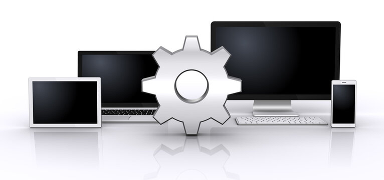 情報機器と歯車アイコン、PCの設定イメージ