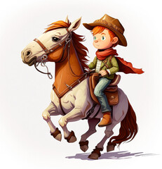 Little Boy riding horse, white background - illustration - Generative A