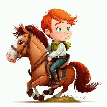 Little Boy riding horse, white background - illustration - Generative A