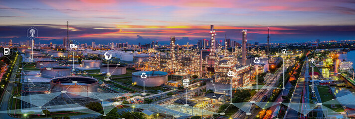 Obraz premium Oil and gas industry - refinery factory zone, The equipment of oil refining,Close-up of industrial pipelines of an oil-refinery petrochemical plant at sunset