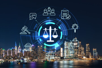 New York City skyline from New Jersey over the Hudson River with Hudson Yards at night. Manhattan, Midtown. Glowing hologram legal icons. The concept of law, order, regulations and digital justice