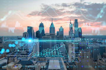 Plakat Aerial panoramic skyline of Philadelphia financial downtown, Pennsylvania, USA. City Hall Clock Tower at sunset. Forex candlesticks and bar graph hologram. The concept of internet trading, brokerage