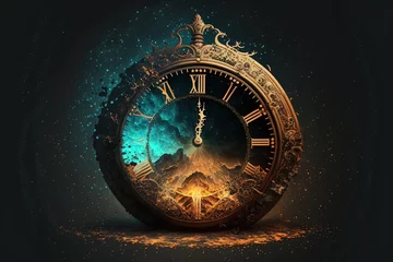 Fotobehang Earth and Time - Vintage Clock Face with Roman Numerals and Universe Cloud Background Illustrating the Concept of Time is Money © James