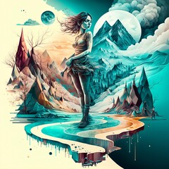 Girl on cold fantasy valley. Generative AI, Digital illustration