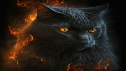realistic black cat winth fire flames behind him 