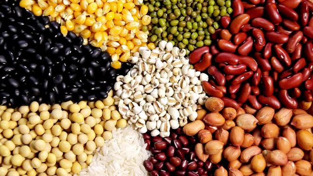 Close-up of cereal grains: soybeans, mung beans, red beans, corn, peanuts, black beans, and rice; good for the health, top view