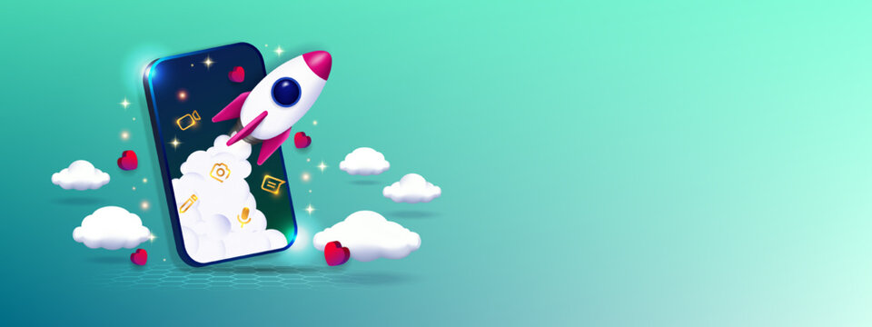 3D Conceptual Vector Illustration and Digital Marketing, Advertising Campaign with smartphone with smartphone and rocket. Premium vector.