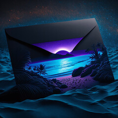 Surreal beach scene invitation in black envelope in sand, generative ai
