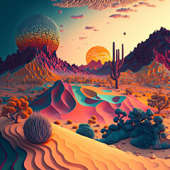 Desert Mirage: Trippy Bohemian Style Psychedelic Sunset Landscape Poster