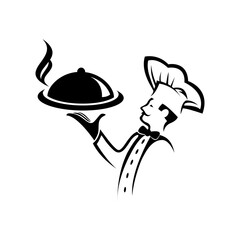 Chef with tray of food in hand. Vector logo catering service, Restaurant or cafe shop.