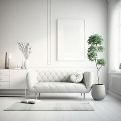 Modern Minimalist White Living Room With White Leather Couch