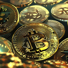 Bitcoins Monedas Doradas Abundancia - Gold Coins Background Effects 3D Bitcoins Abundance - Generative AI