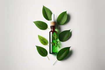 Natural herbal serum in green glass bottle with a pipette and green leaves on white background. Natural organic beauty product concept. Flat lay, top view. Generative AI