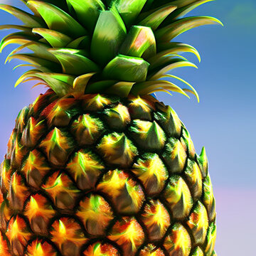 Fruta Ex&oacute;tica Tropical Pi&ntilde;a Efecto 3D Fondo Azul - Exotic Fruit Pineapple Effects 3D Blue Background - Generative AI
