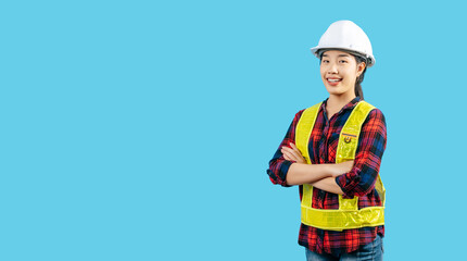 Young asian engineer female wearing safety jacket and helmet