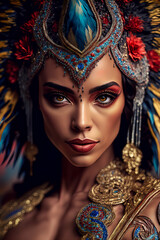 Fototapeta na wymiar Beautiful woman with carnival costume, samba dancer, generative AI