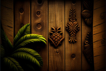 A tropical artistic background made with wood and leaves