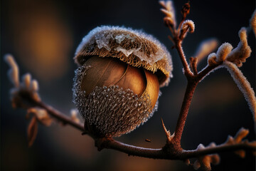 Winter Wonder: A close-up illustration of a brown acorn hanging on a tree in a snowy landscape - obrazy, fototapety, plakaty
