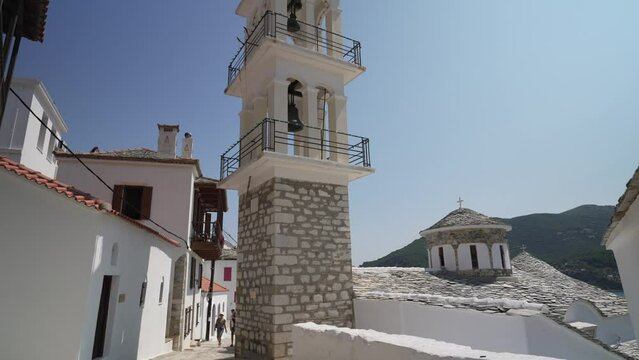 Whitewashed church bell tower, Skopelos Town, Skopelos Island, Sporades Islands, Greek Islands