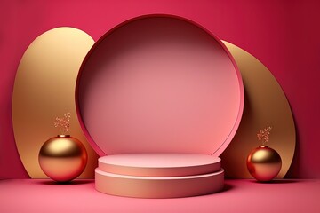 pink and gold platform for showing product. 3d render by ai generative