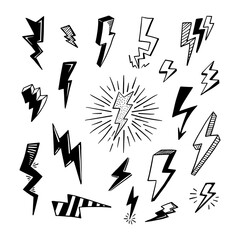 set of hand drawn vector doodle electric lightning bolt symbol sketch illustrations. thunder, vector ilustration - obrazy, fototapety, plakaty