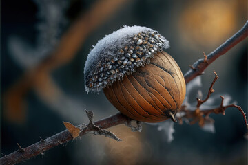 The Acorn's Promise: An illustration of a brown acorn hanging on a tree branch in a winter landscape, symbolizing hope and renewal